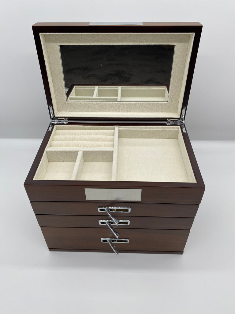 Large Brown Matte Jewellery Box with 3 Drawers & Mirror