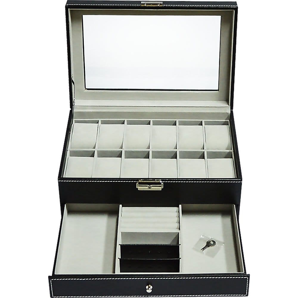 Watch Display Case Leather jewellery Storage Box Organiser Lock Key with 12 Grids