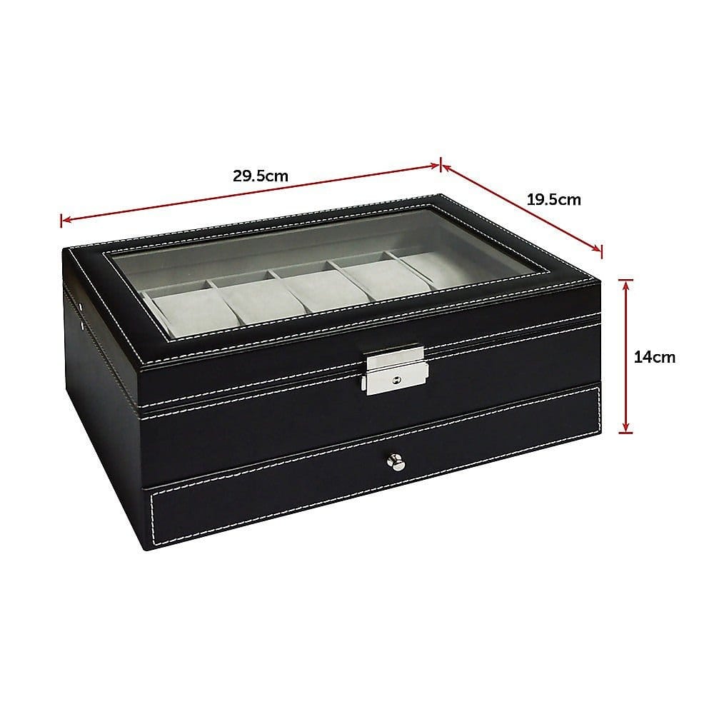 Watch Display Case Leather jewellery Storage Box Organiser Lock Key with 12 Grids