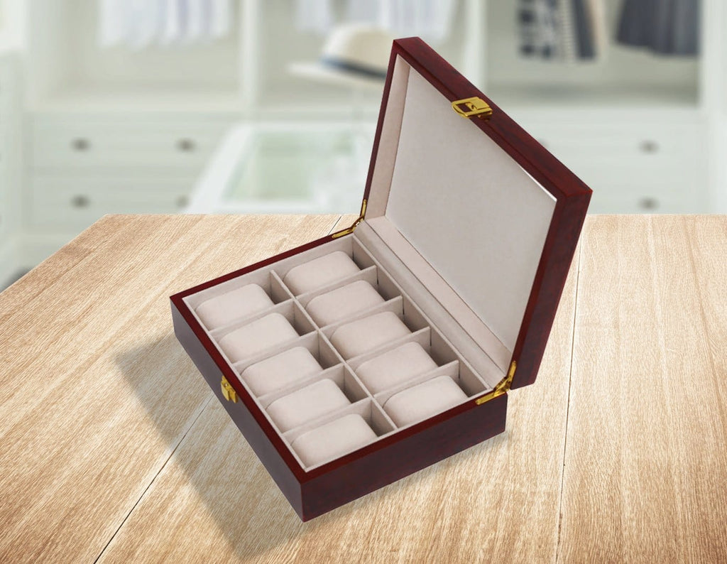 Wooden Watch Case Glass Jewellery Storage Holder Box Wood Display with 10 Grids