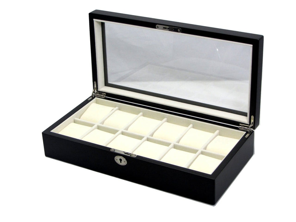 Glass Top Black Watch Box for 12 Watches with White Velvet Interior