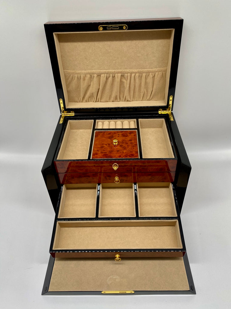 Large Tortoiseshell Wooden Jewellery Box with Drawers