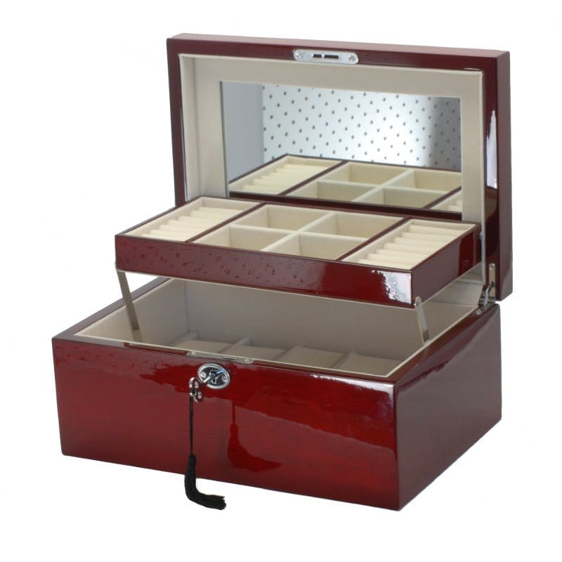Lockable Cherry Gloss Jewellery / Cufflink Box with 10 Watch Holders & Mirror